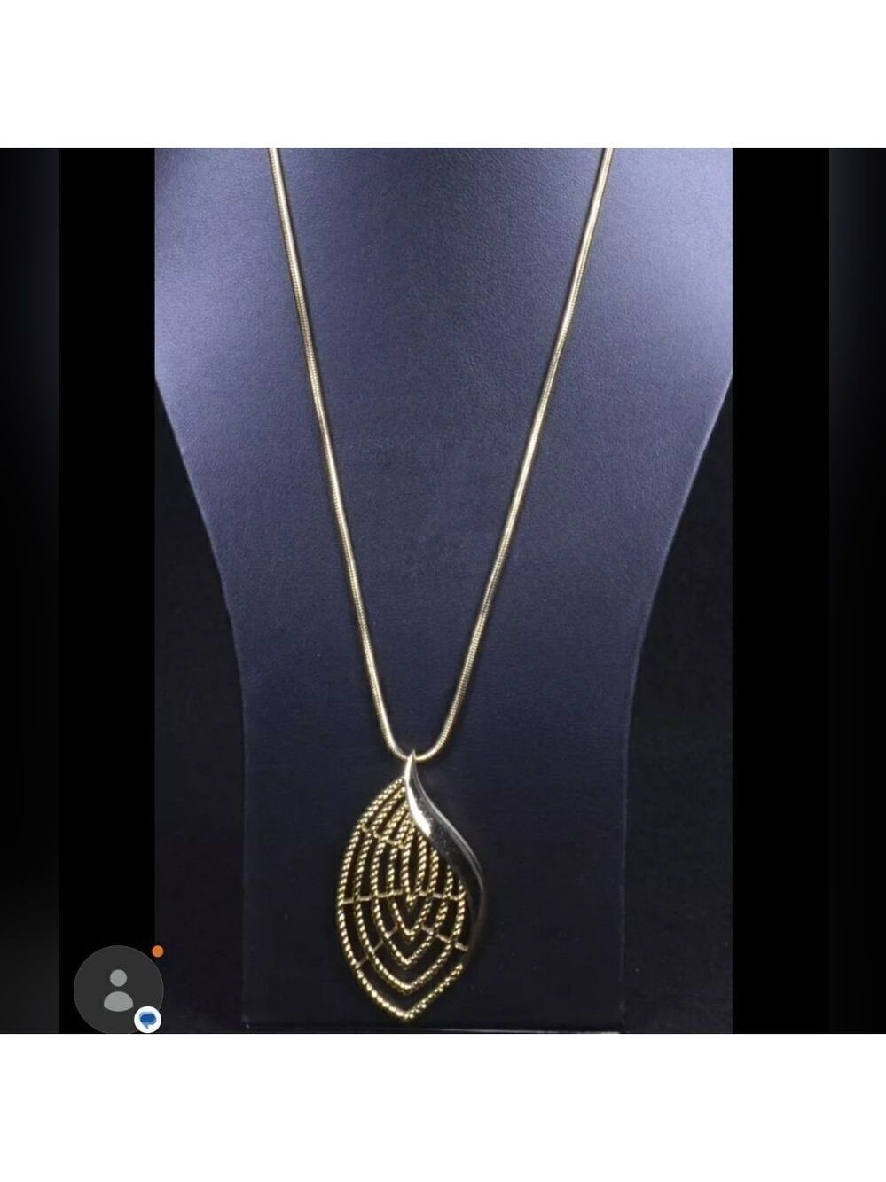 Vintage TRIFARI Goldtone Abstract Leaf Pendant 3"L Necklace & Snake Chain 36"L